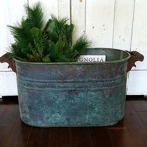 Antique Copper Tub with Wood Handles